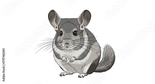 Detailed realistic illustration of an adorable chinchilla, a small, fluffy rodent known for its soft fur and charming appearance.