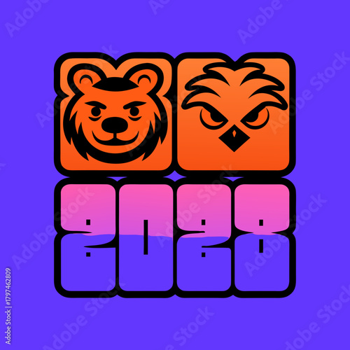 The year 2028 is depicted with a bear and an owl in a playful and colorful design, set against a vibrant purple background, creating a fun and eyecatching image