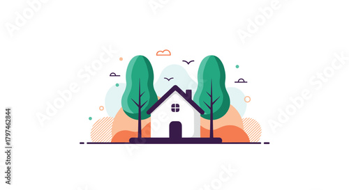 Charming stylized illustration of a small, cozy house nestled between two green trees, with abstract shapes in the background, symbolizing home.