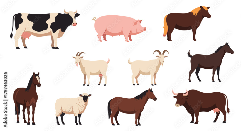 Obraz premium Comprehensive collection of various farm animals, including cows, pigs, horses, goats, sheep, and bulls, representing diverse livestock.