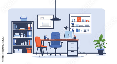 Clean and organized medical office interior featuring a desk, chair, computer, and shelves filled with various medical supplies.