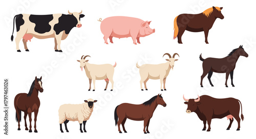 Comprehensive collection of various farm animals, including cows, pigs, horses, goats, sheep, and bulls, representing diverse livestock.