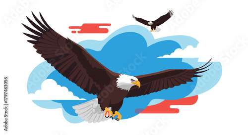 Two majestic bald eagles soaring freely in the clear sky, surrounded by fluffy white clouds and abstract colorful shapes.
