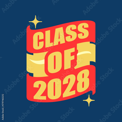 Celebrate the class of 2028 with this vibrant design featuring red ribbons and bold typography, perfect for graduation announcements and memorabilia