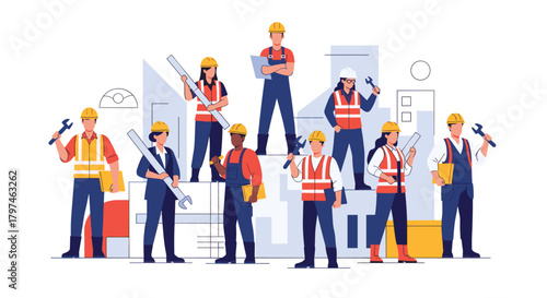 Diverse group of construction workers, mechanics, and engineers in hard hats and safety vests, holding various tools, ready for work.