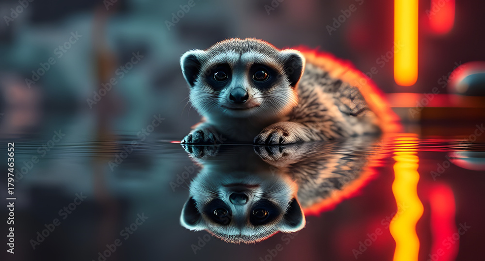 Naklejka premium Photo-realistic meerkat reflecting in mirrored water with neon glow accents