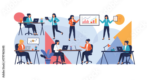 Dynamic set of female business professionals in an office environment, working on laptops, presenting data, and collaborating efficiently.