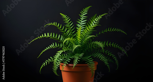 Potted fern styled fresh, placed against dark gradient, shown with cinematic lighting