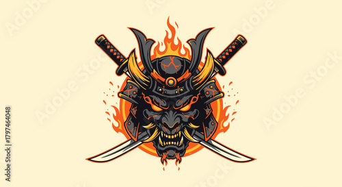 A stylized illustration of a samurai helmet with crossed swords and flames.