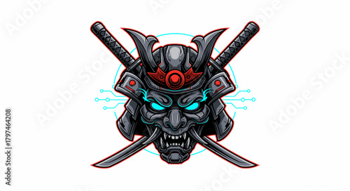 A stylized illustration of a samurai helmet with crossed swords, featuring glowing eyes.