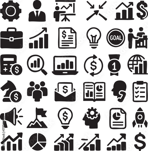 Collection of black business and finance icons on white background vector