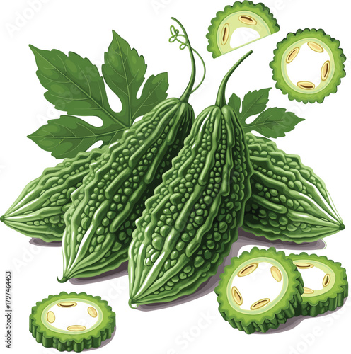 Realistic Bitter Melon or Bitter Gourd Whole and Sliced Vector Illustration - Healthy Asian Vegetable Graphic