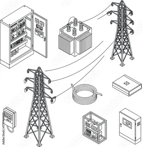 Isometric electrical power distribution equipment set with transformers, control panels, power lines, utility towers, cable coils, energy system components