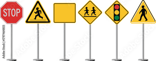 Road sign illustration, traffic safety symbols, pedestrian warning signs, school zone alerts, stop sign, caution graphics, stock vector, transportation design