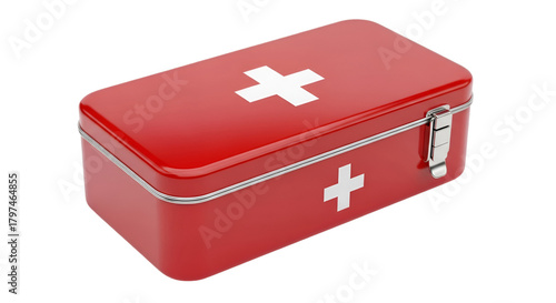Red Metal First Aid Kit with White Crosses Keywords: first aid, medical, kit, box, red, metal