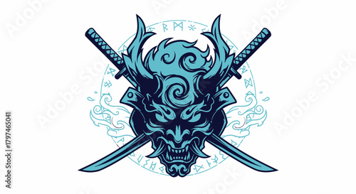 A stylized illustration featuring a demon mask with crossed swords and decorative elements.