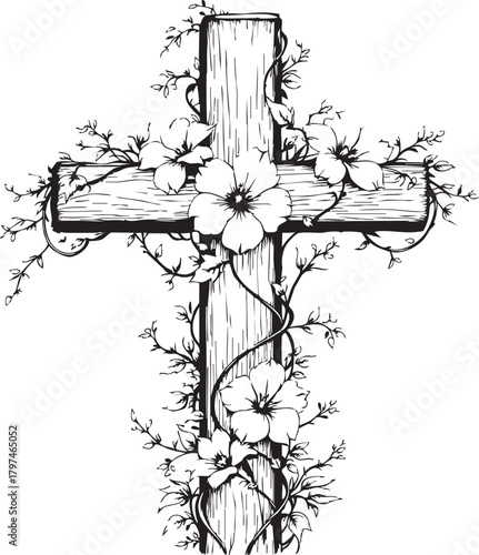 Floral cross illustration with blooming flowers and vines in detailed black-and-white spiritual vector style