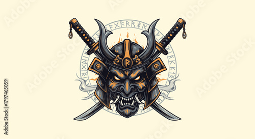 Illustration of a samurai mask with crossed swords and a runic circle on a light background.