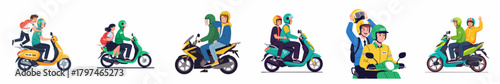 Flat Illustration Set of People Riding Different Types of Motorcycle Transportation