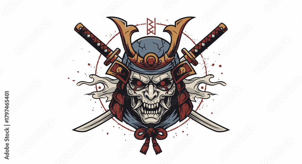 Fototapeta premium A fearsome samurai mask with crossed swords, showcasing a detailed illustration.