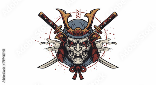 A fearsome samurai mask with crossed swords, showcasing a detailed illustration.