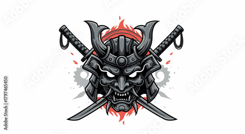 Illustration of a Samurai mask with crossed katanas and a fiery background, showcasing Japanese warrior culture.