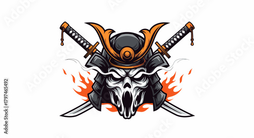 A stylized illustration featuring a samurai helmet and a skull, crossed swords, and flames.