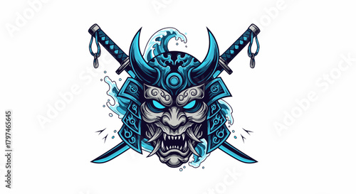 Illustration of a blue samurai mask with crossed swords and a wave cresting behind it, set against a white background.