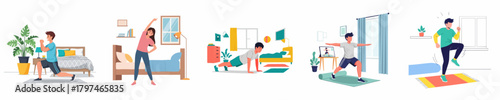 Flat Illustration of Home Workout Routine and Exercise Activity Set