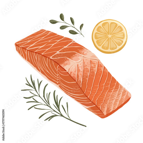 Fresh raw salmon fillet with rosemary sprigs and a slice of lemon isolated on white background