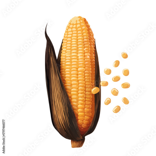 A ripe golden ear of corn with dark brown husks and scattered kernels isolated on white background