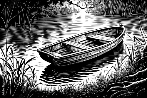 A small wooden rowing boat floats peacefully on a silent mist covered lake at sunrise, surrounded by soft golden light and calm reflective water.