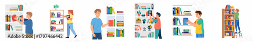 Flat Illustration People Arranging Books on Bookshelves in Library or Home