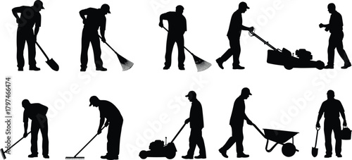 Silhouette illustration of landscaping workers performing various gardening tasks such as raking, shoveling, mowing, pushing wheelbarrow and maintaining outdoor yard areas