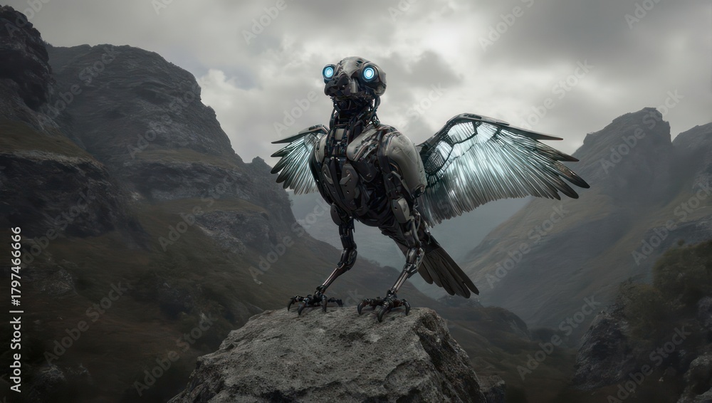 Fototapeta premium Mechanical Bird Perched on Rock in Dramatic Landscape.