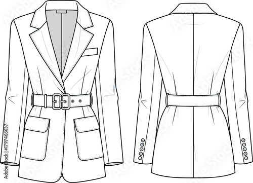 Cad drawing flat vector illustration of women’s tailored belted blazer jacket featuring detailed front and back technical fashion sketch with pockets and lapel design