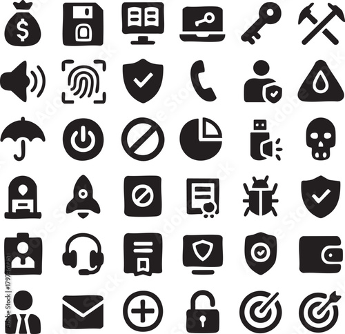 Collection of black security and business icons on white background money bag floppy disk