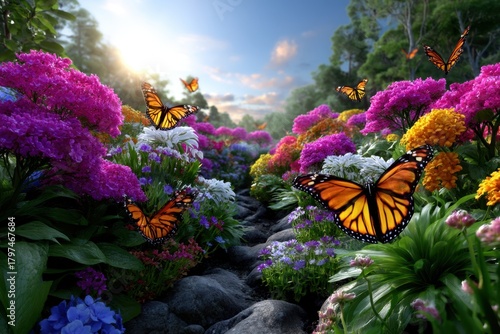 Colorful butterflies flutter among vibrant flowers in a sunlit garden during spring