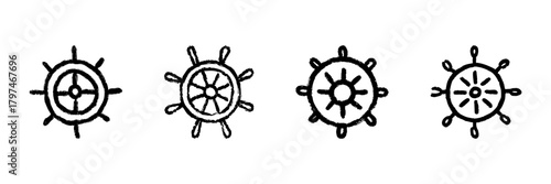 Ship Steering Wheel Line Icon Set In Doodle Style. Nautical Navigation, Maritime Control, And Sailing Direction Outline Sketch Collection. Hand Drawn Isolated Vector Illustration