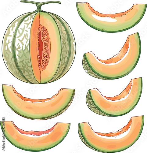 Realistic Cantaloupe or Muskmelon Fruit with Slices Vector Illustration - Fresh Summer Produce Graphic