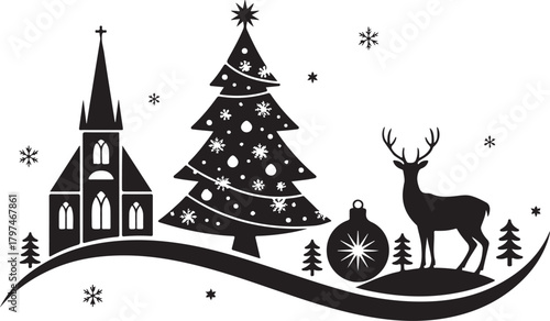 This Christmas silhouette card design showcases a graceful deer standing beside festive baubles and gift boxes placed beneath a holiday scene