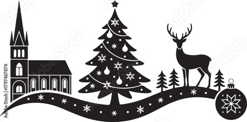 This Christmas silhouette card design showcases a graceful deer standing beside festive baubles and gift boxes placed beneath a holiday scene
