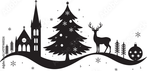 This Christmas silhouette card design showcases a graceful deer standing beside festive baubles and gift boxes placed beneath a holiday scene
