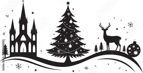 This Christmas silhouette card design showcases a graceful deer standing beside festive baubles and gift boxes placed beneath a holiday scene