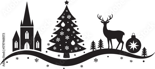 This Christmas silhouette card design showcases a graceful deer standing beside festive baubles and gift boxes placed beneath a holiday scene