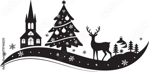 This Christmas silhouette card design showcases a graceful deer standing beside festive baubles and gift boxes placed beneath a holiday scene