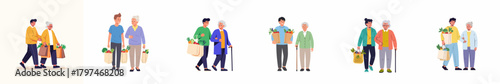 Flat Illustration of Young Caregiver Assisting Senior Person with Groceries
