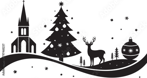 This Christmas silhouette card design showcases a graceful deer standing beside festive baubles and gift boxes placed beneath a holiday scene