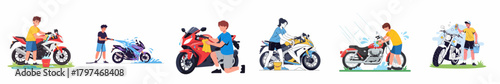 Flat Illustration of People Cleaning and Washing Motorcycle on White Background