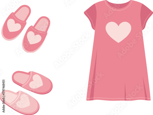 cartoon, nightgown, slippers, pink, heart, sleepwear, cozy, cute, fashion, bedtime, soft, illustration, comfort, girly, set, apparel, character, homewear, lounge, design